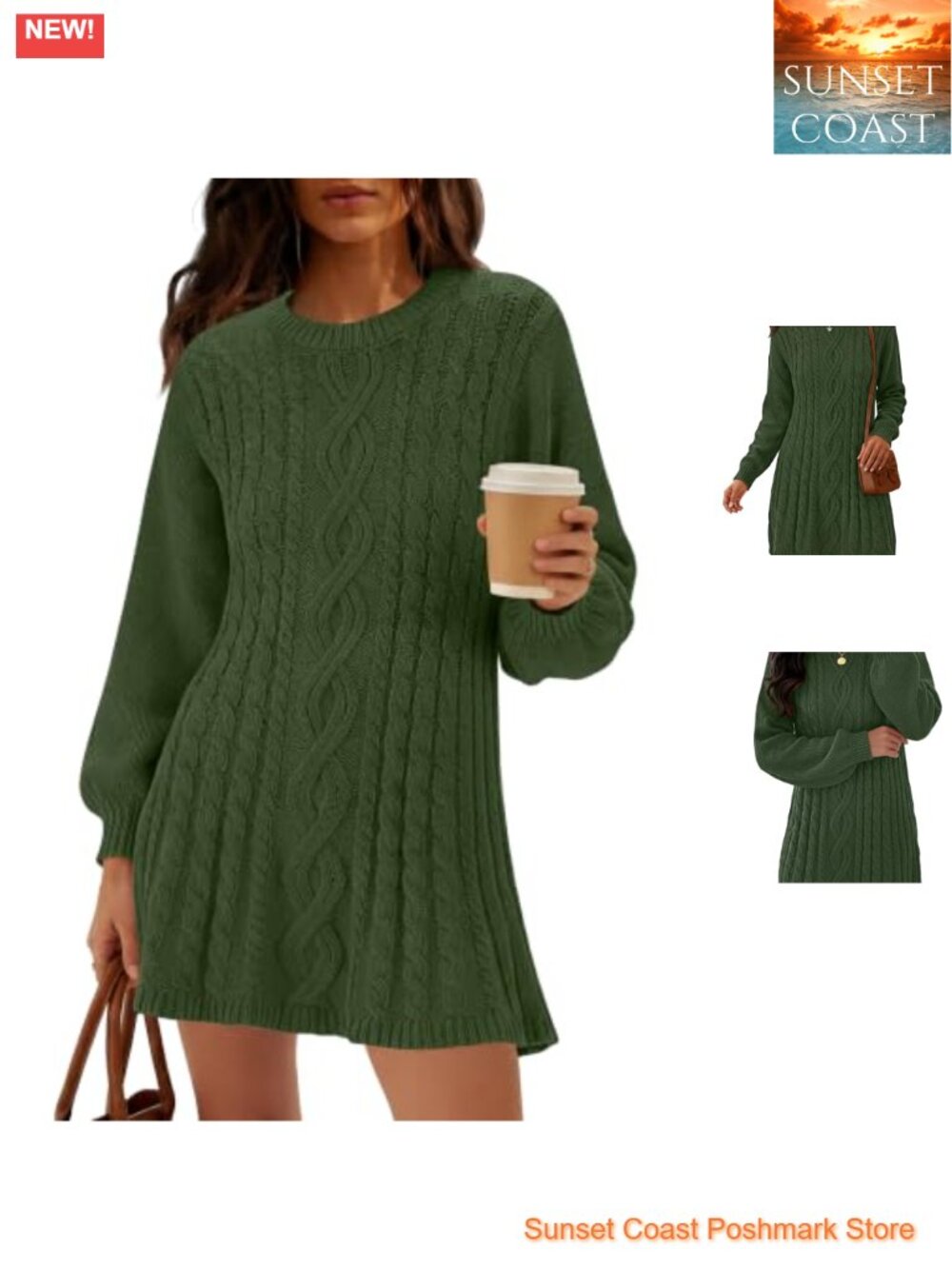 Cable Knit Sweater Dress Crew Neck Long Sleeve Loose Fit Pullover